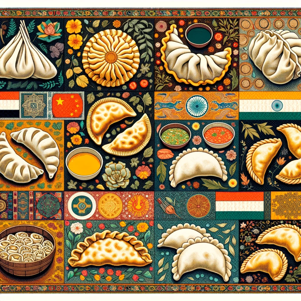 llustration showcasing various dumplings from around the world, including China's 'jiaozi', Korea's 'mandu', Japan's 'gyoza', India's 'samosas', Italy's 'ravioli', Poland's 'pierogi', and Russia's 'pelmeni', each accompanied by cultural symbols emphasizing their origins.