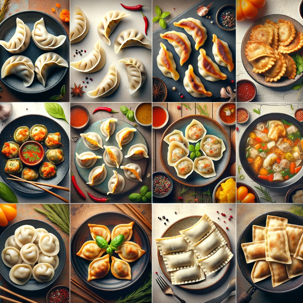 A photo collage of various dumplings, emphasizing their unique textures, fillings, and preparation methods, capturing the essence of global dumpling cuisine.